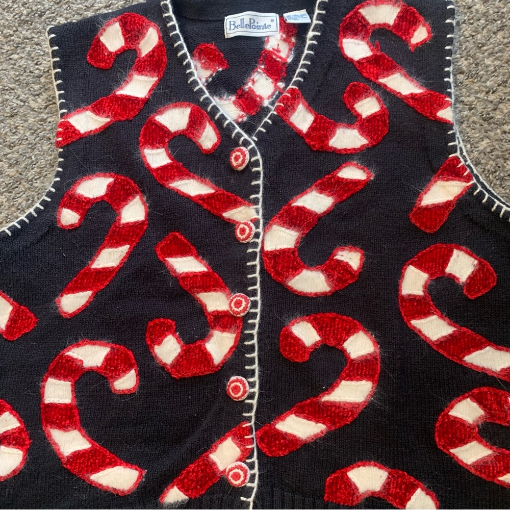 Belle Pointe VTG Ramie Button Front Embellished Candy Cane Christmas Vest - Picture 10 of 15